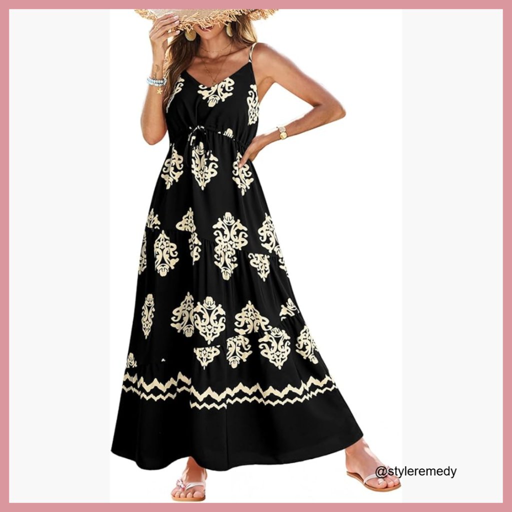 Sleeveless Printed Long Tiered Maxi Dress Casual Boho Beach
